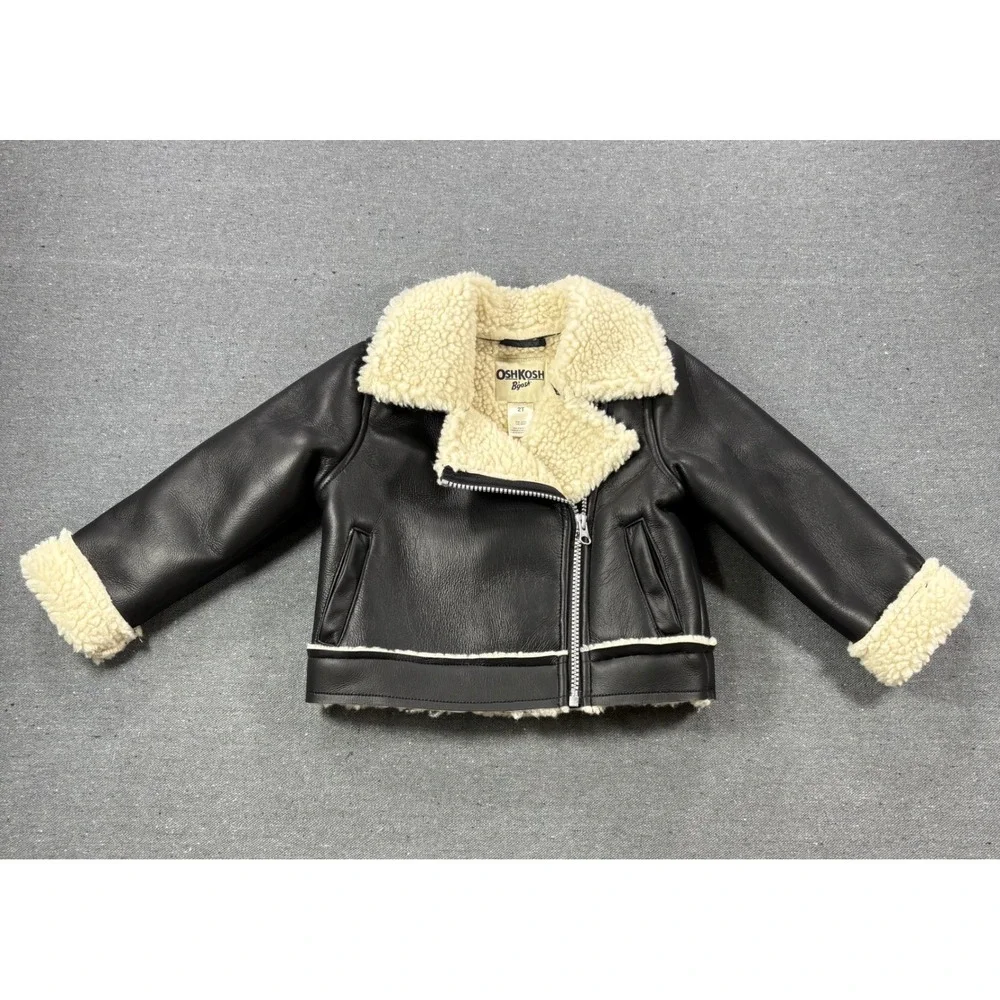 OshKosh B'gosh Faux Leather Jacket Unisex Kids 2T Black NWOT Shearling Aviator